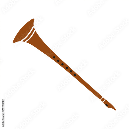 Wooden wind instrument displayed in a minimalist style on a white background