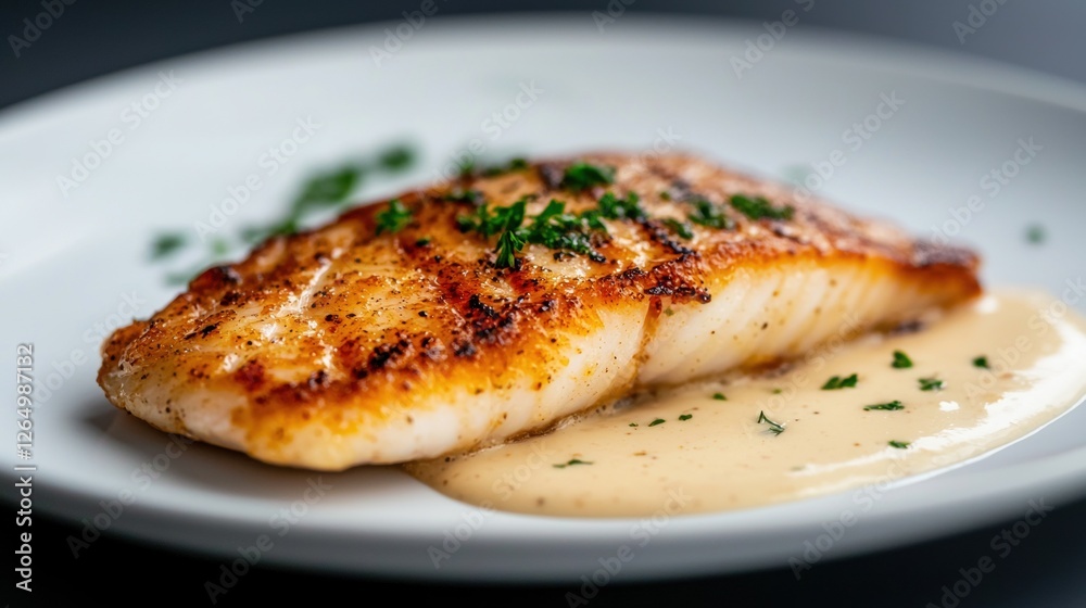 Plate of food, specifically a piece of fish. the fish appears to be a halibut, with a golden-brown color and a crispy texture. Plate of food, specifically a piece of fish. the fish appears to be a halibut, with a golden-brown color and a crispy texture.