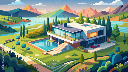 Modern house in a beautiful sceneryAerial view of modern house in a beautiful nature scenery besides lake.