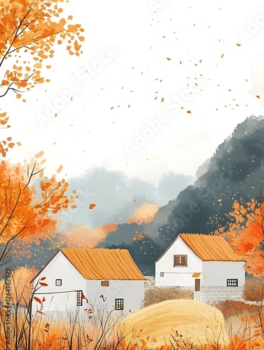 The golden wheat stacks on the roof of the farmhouse
