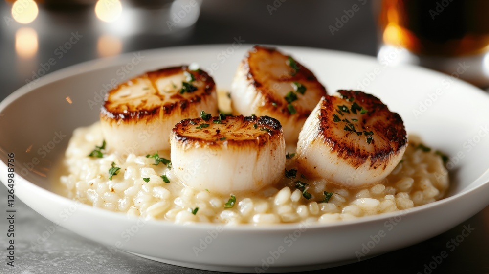 Plate of risotto with three scallops on top. the risotto is a creamy white color and is garnished with chopped herbs. the plate is white and is sitting on a gray countertop. Plate of risotto with three scallops on top. the risotto is a creamy white color and is garnished with chopped herbs. the plate is white and is sitting on a gray countertop.