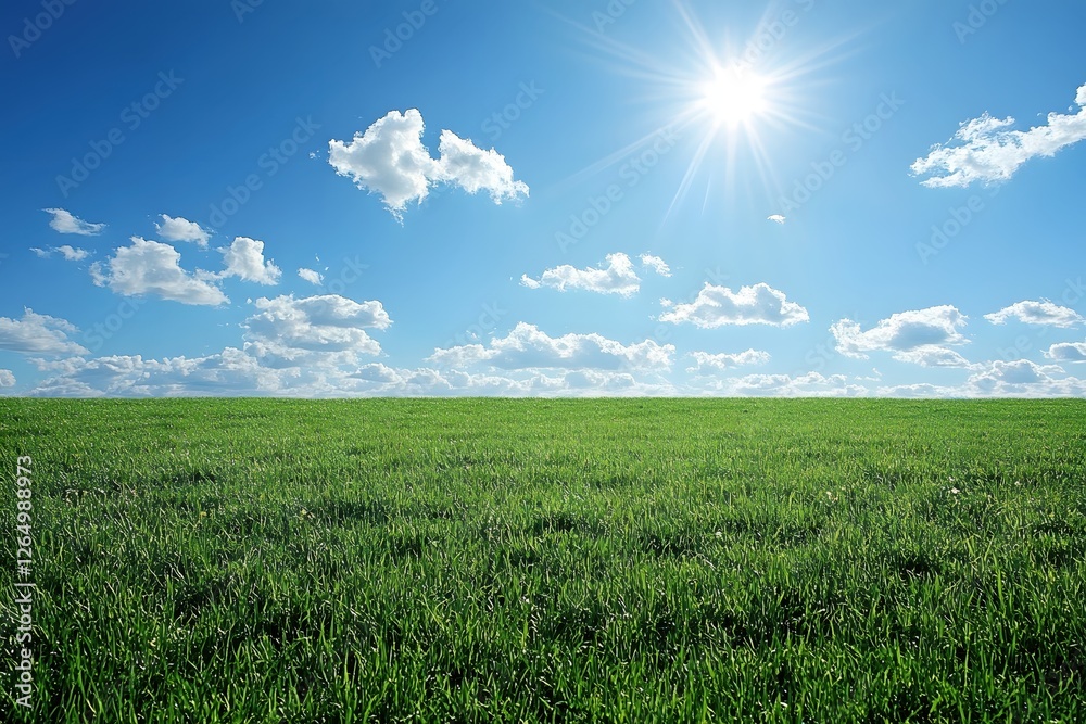 Obraz premium Serene Green Field Under a Bright Blue Sky with Fluffy Clouds and Shining Sun Rays