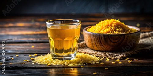 Macro Close-up of Yellow Rice Wine in Glass on Rustic Wooden Table photo