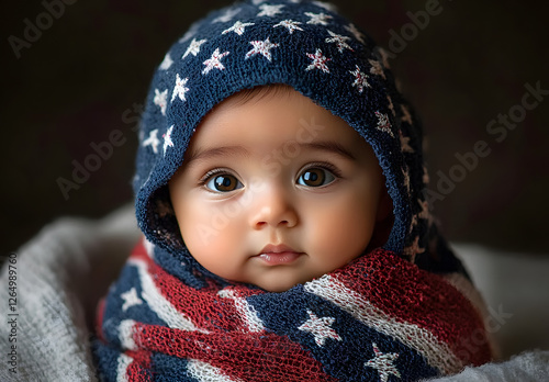 Cute Latino baby wrapped in an American flag, symbolizing birthright citizenship in the United States.