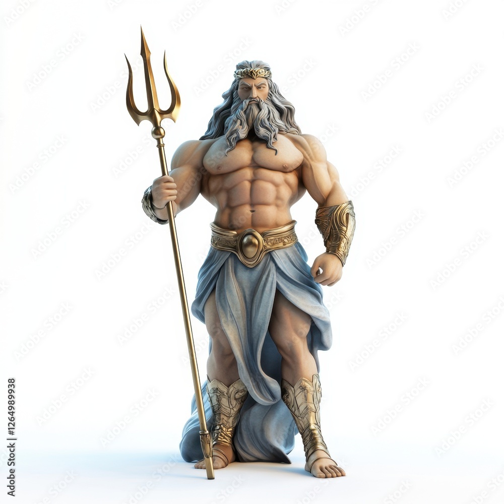 Obraz premium A man with a sword and a trident is standing in front of a white background