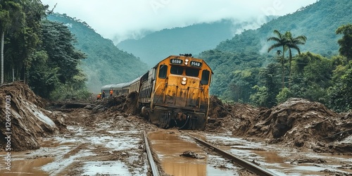 Train derailment after mudslide in mountainous region photo