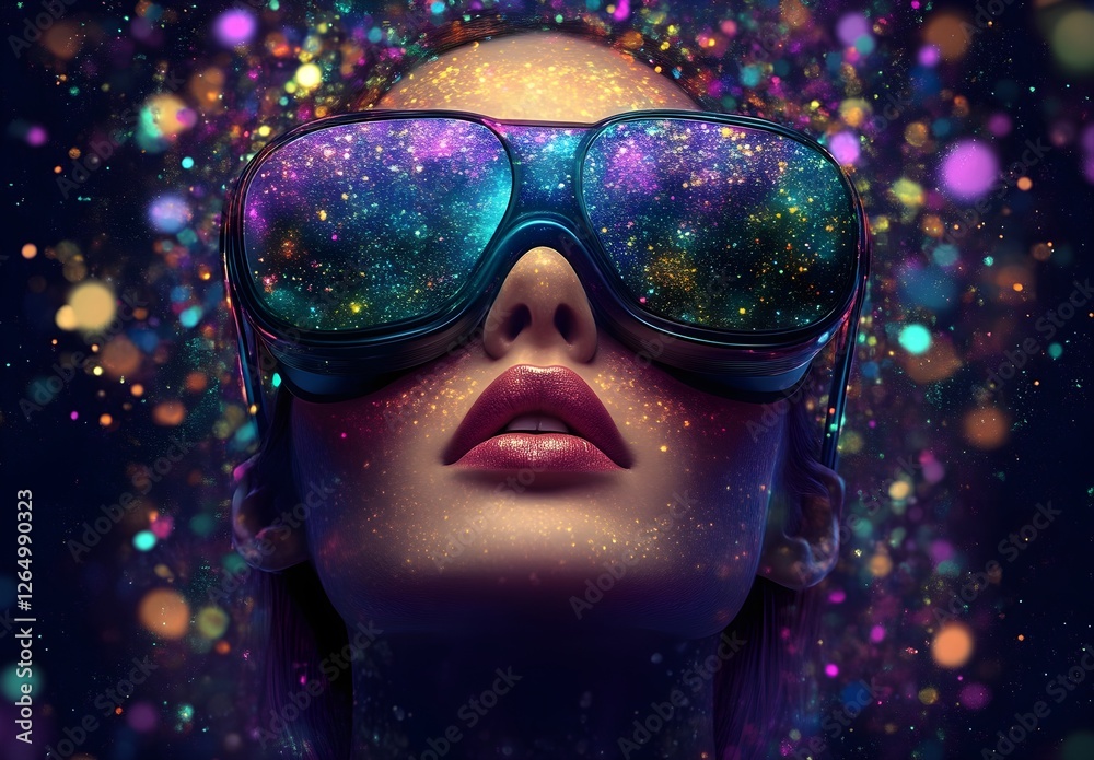 Woman in VR, cosmic glitter, vibrant hues. A mesmerizing digital portrait. Woman in VR, cosmic glitter, vibrant hues. A mesmerizing digital portrait.