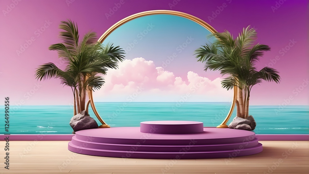 Obraz premium round podium banner with empty space, purple luxury sea view palm beach theme background, holiday banner poster background for advertisement ads