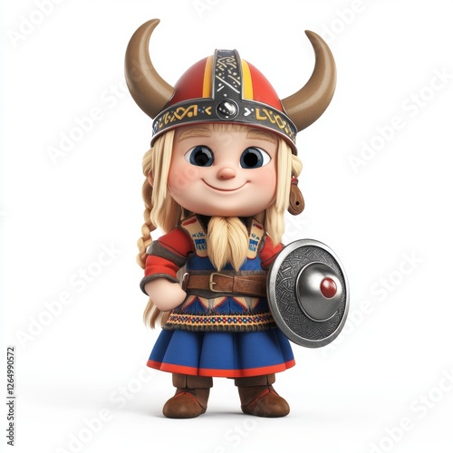 A cartoon character wearing a Viking costume and holding a shield