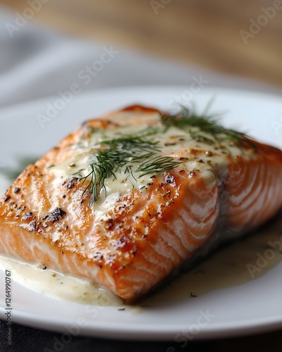 Delicious Salmon Fillet with Creamy Sauce and Fresh Dill on a White Plate Close Up View