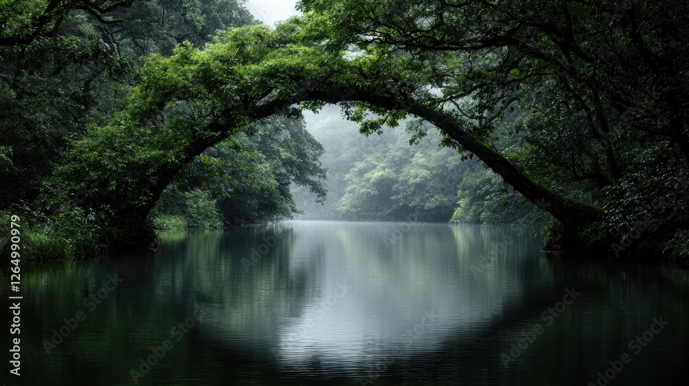 Lush forest canopy arching over tranquil river. Possible use for nature, tranquility, and environmental imagery Lush forest canopy arching over tranquil river. Possible use for nature, tranquility, and environmental imagery
