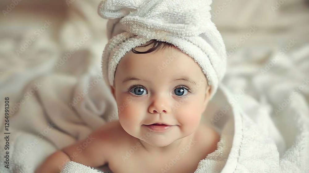 A baby with big blue eyes smiles while wrapped in a white towel. A baby with big blue eyes smiles while wrapped in a white towel.