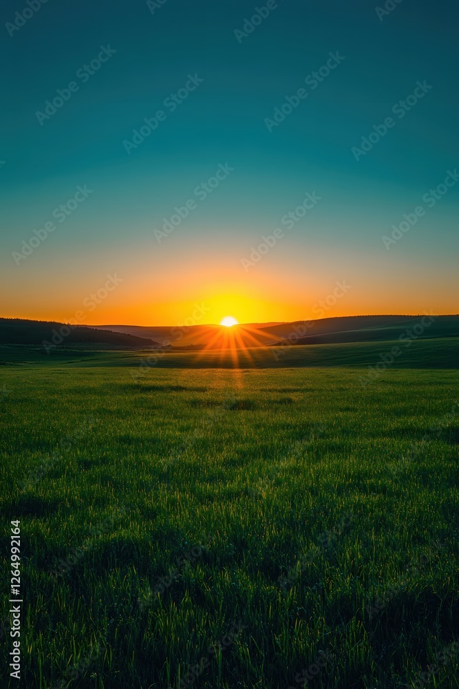 Fototapeta premium Vibrant Sunrise Over Green Field Landscape with Golden Light and Clear Blue Sky Horizon