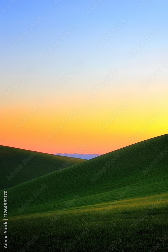 Obraz premium Rolling Green Hills Under a Vibrant Sunset Sky Serene Landscape with Distant Mountains