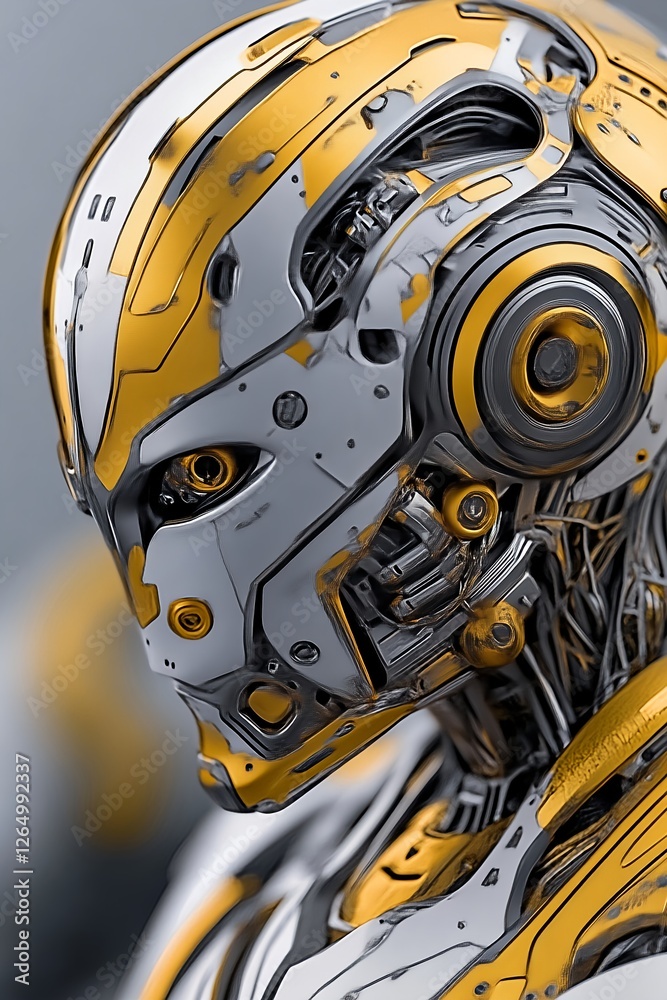 Fototapeta premium Gleaming Gold: A futuristic robot's head, detailed and striking.