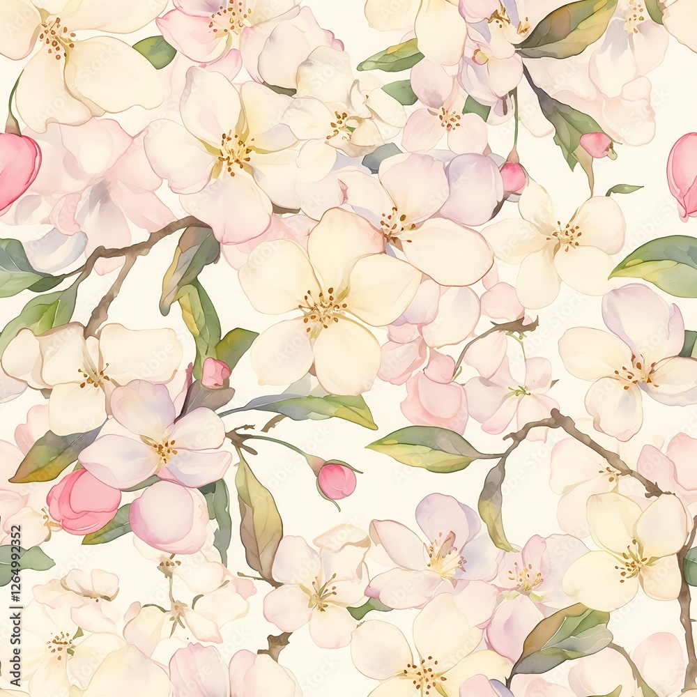 Fototapeta premium Seamless pattern of apple blossoms painted in watercolor style