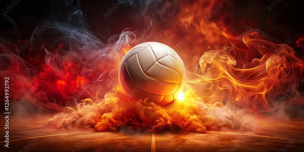 Volleyball in Flames with Intense Smoke and Dramatic Lighting Effects Volleyball in Flames with Intense Smoke and Dramatic Lighting Effects