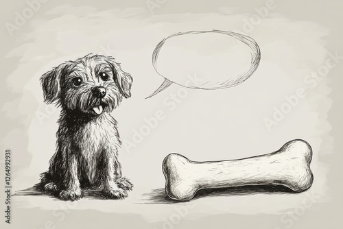 Hand-drawn sketch of cute shaggy dog with speech bubble and bone illustration