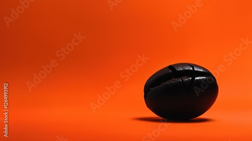 Close-up of a small, round object on an orange background. the object appears to be made of a dark material, possibly leather or a similar material, and has a smooth, shiny surface. photo