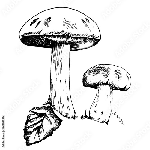 A black-and-white vector engraving illustration of  champignon, meticulously crafted with fine lines and shading to emphasize their texture.