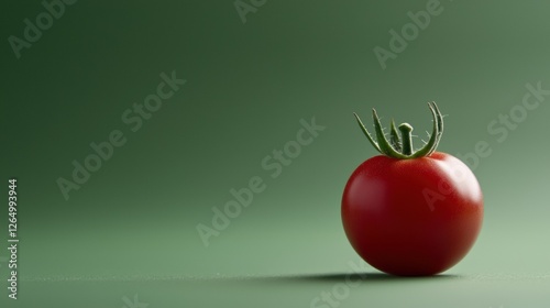 Close-up of a single red tomato on a green background. the tomato is in the center of the image and is the only object in the frame. photo