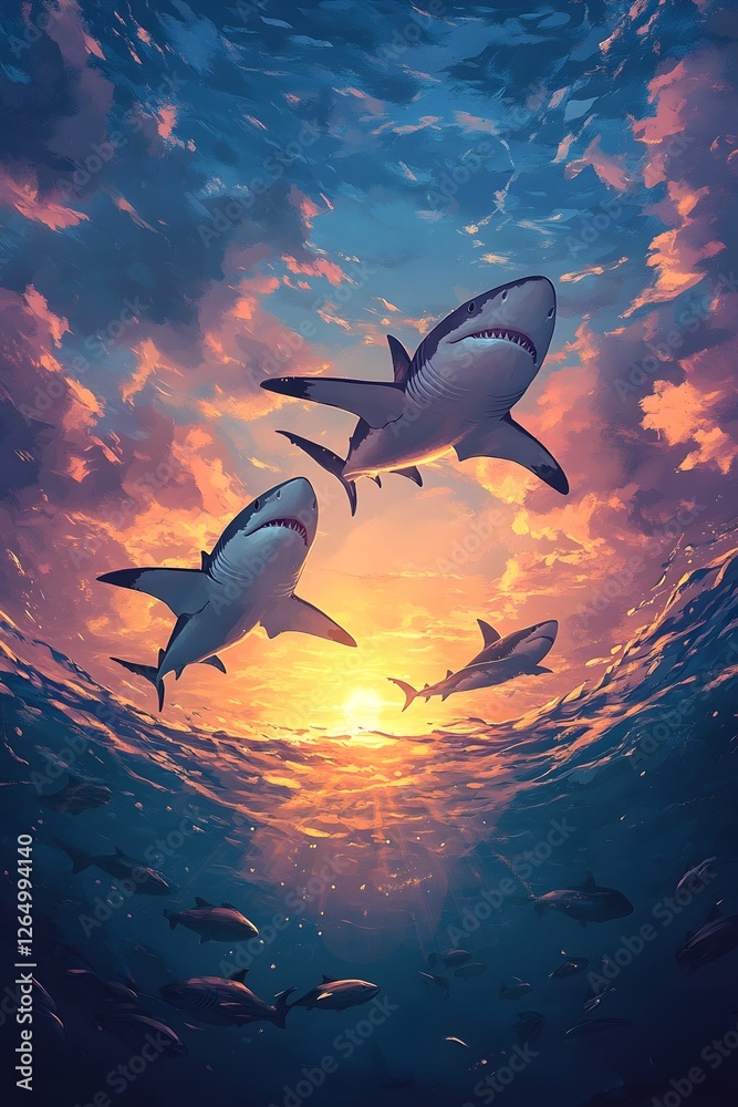 Fototapeta premium A group of golden sharks under the sunset glow