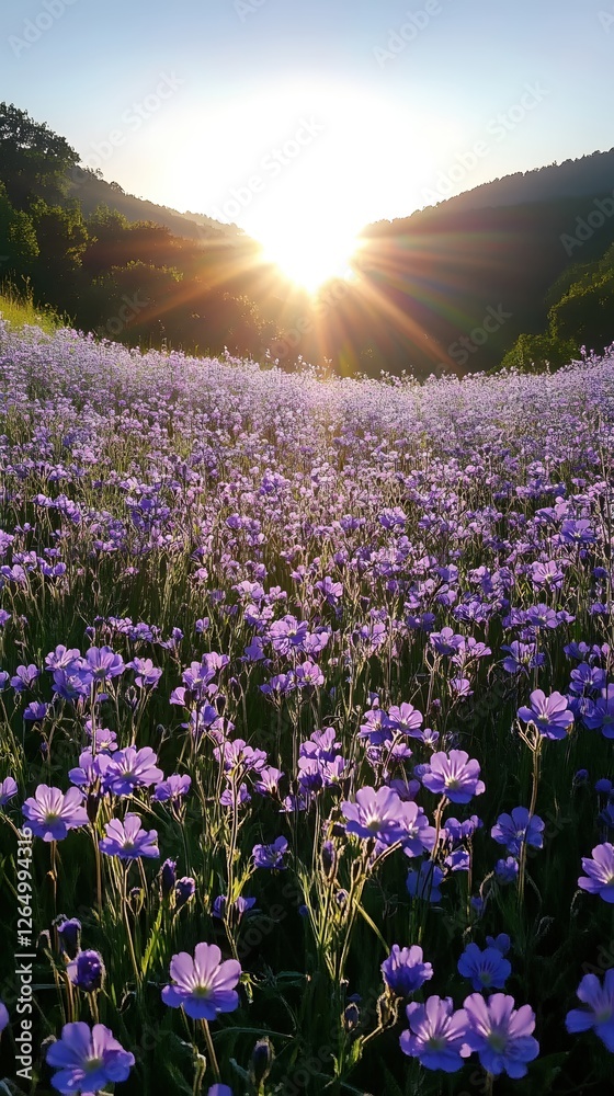 Obraz premium Serene Field of Purple Flowers Bathed in Golden Sunlight at Sunrise in a Peaceful Landscape