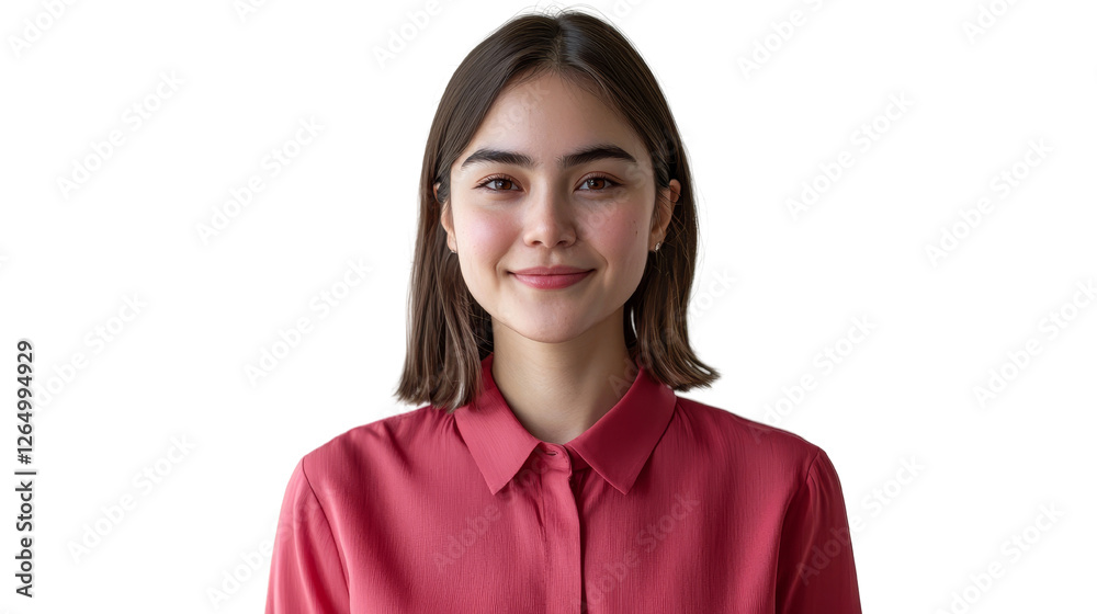 Young woman smiling with dark hair wearing a pink blouse and looking confident Young woman smiling with dark hair wearing a pink blouse and looking confident