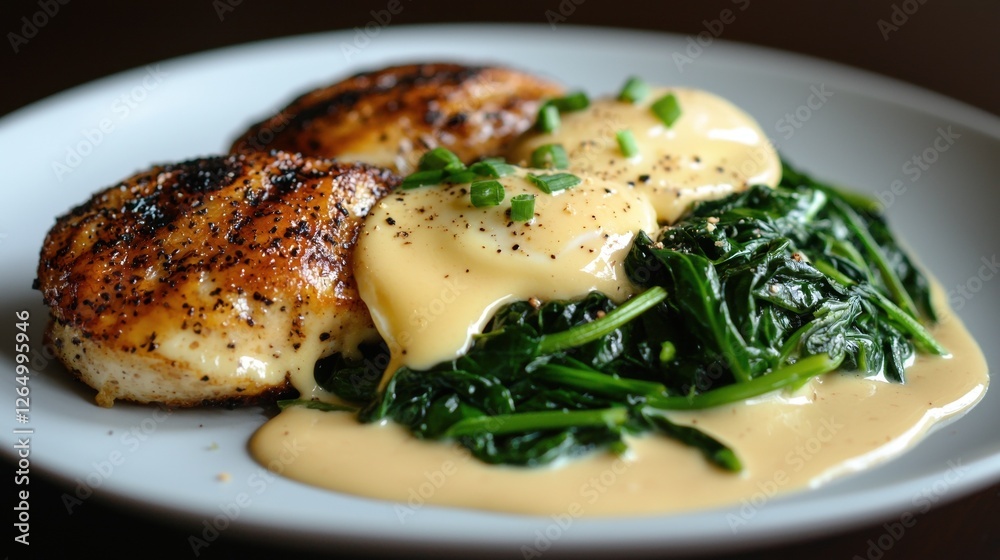 Plate of food with two pieces of grilled chicken breasts on the left side. the chicken breasts are golden brown and appear to be seasoned with herbs and spices. Plate of food with two pieces of grilled chicken breasts on the left side. the chicken breasts are golden brown and appear to be seasoned with herbs and spices.