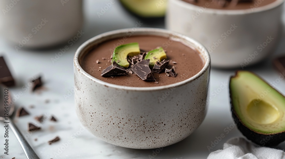 Two bowls of chocolate pudding on a white marble countertop. the bowls are white with speckles and have a textured surface. Two bowls of chocolate pudding on a white marble countertop. the bowls are white with speckles and have a textured surface.