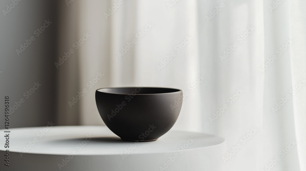Small black bowl sitting on top of a white pedestal. the bowl is empty and appears to be made of ceramic or porcelain. the background is blurred, but it seems to be a window with white curtains. Small black bowl sitting on top of a white pedestal. the bowl is empty and appears to be made of ceramic or porcelain. the background is blurred, but it seems to be a window with white curtains.