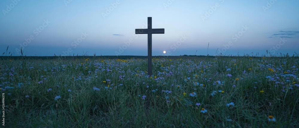 Naklejka premium A Serene Cross Surrounded by Wildflowers Beneath a Soft Moonlight