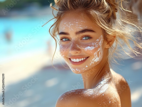 A smiling person with sunscreen on their face at a beach, enjoying a sunny day.