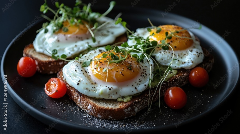 Black plate with two pieces of toast on it. on top of the toast, there are two fried eggs with a runny yolk and a sprinkle of herbs. Black plate with two pieces of toast on it. on top of the toast, there are two fried eggs with a runny yolk and a sprinkle of herbs.