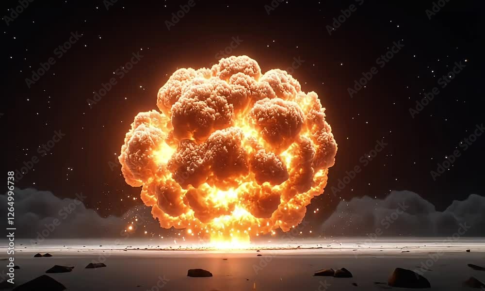 Large explosion with orange fireball rising into the night sky above the landscape during what appears to be a test or demonstration