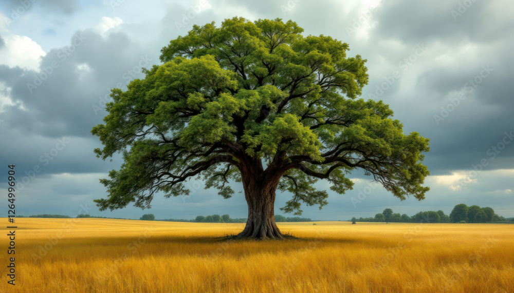 Majestic Oak Tree in Golden Field Under Dramatic Sky Majestic Oak Tree in Golden Field Under Dramatic Sky