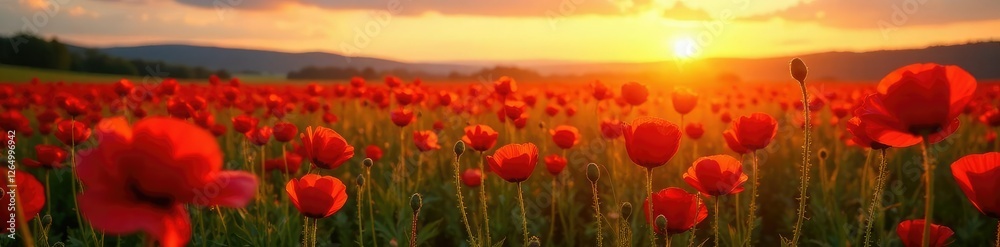 Fototapeta premium The golden light of sunset casts a warm glow on the poppies, nature, poppy field, landscape photography