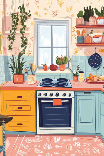 Illustration of pastel cozy kitchen on sunny day.