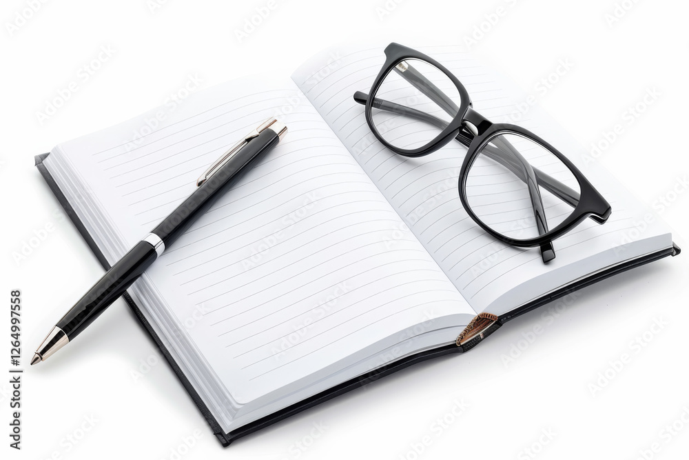 Open notebook with lined pages, black pen, and eyeglasses on a white background, perfect for writing and study themes. Open notebook with lined pages, black pen, and eyeglasses on a white background, perfect for writing and study themes.