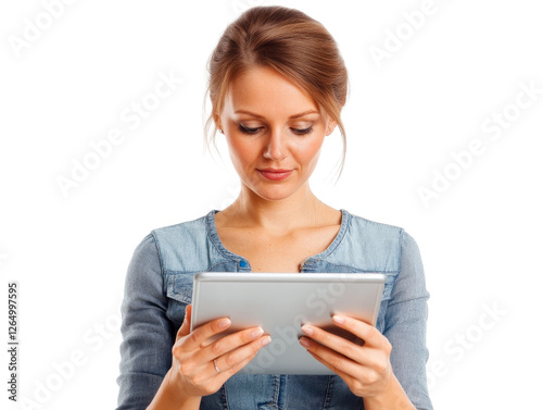 Wallpaper Mural Woman Engaged with Tablet Device in Casual Denim Top on White Background Torontodigital.ca