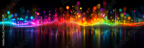 Abstract glittery banner with rainbow shining particles on black background, sparkling light.