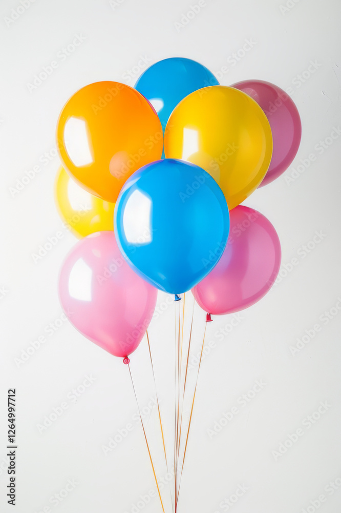 A bunch of colorful balloons floating against a white background, including blue, yellow, pink, and orange balloons. A bunch of colorful balloons floating against a white background, including blue, yellow, pink, and orange balloons.