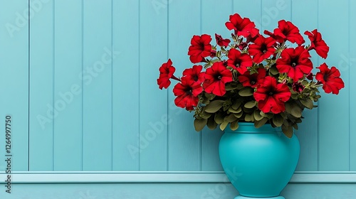 Vibrant Red Petunias in a Teal Pot Against a Light Blue Wall AI Generated