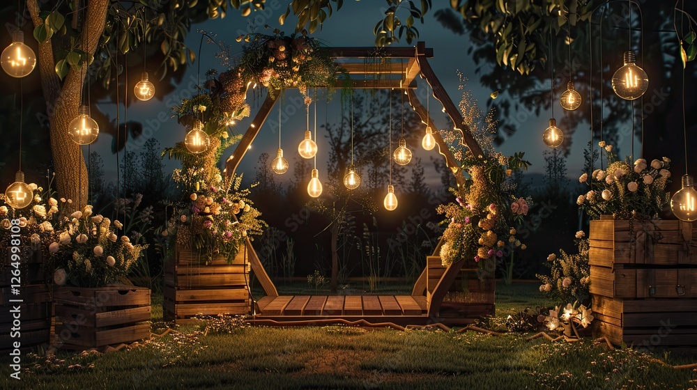 Fototapeta premium A wooden hexagonal arch with hanging light bulbs