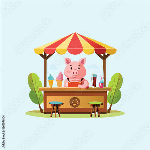 Pig sitting at an ice cream parlor, tasting different flavors