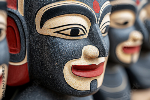 Close-up of traditional handcrafted tribal masks featuring intricate designs and vibrant colors with gulal powders . The detailed texture highlights cultural artistry, festival photo