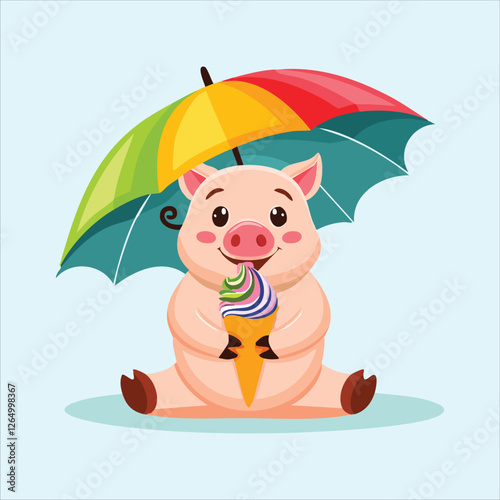 pig licking a colorful swirl of ice cream, sitting under an umbrella