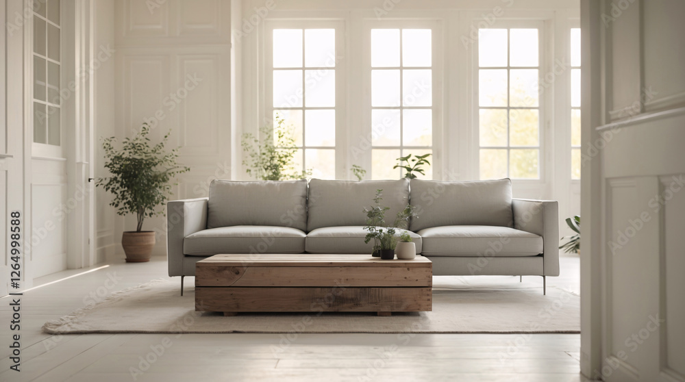 Fototapeta premium Scandinavian living room with warm beige color scheme modern soft couch and expansive windows in natural light setting minimalist Modern Interior Design Inspiration