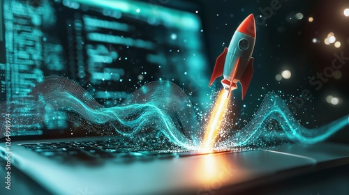 An imaginative scene of a rocket taking off from a laptop, enveloped in swirling abstract waves, expressing excitement, innovation, and limitless possibilities in technology and creativity.