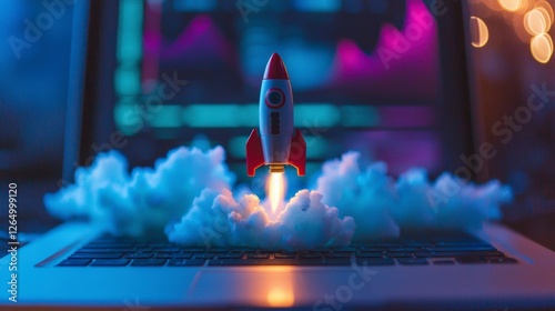 A colorful rocket emerges from a laptop, surrounded by abstract clouds, illustrating the fusion of digital technology and vivid imagination, capturing the essence of innovative aspirations.